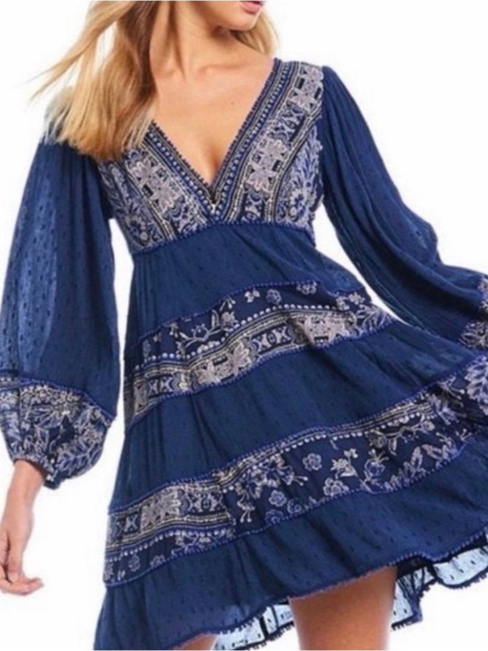 Free People My Love Navy Blue Embroidered V-Neck Mini Dress
